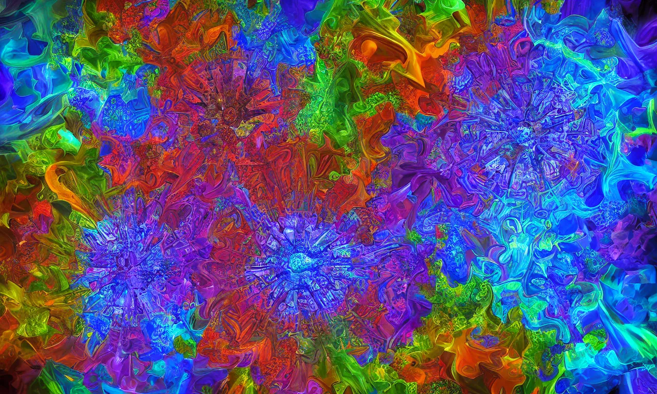 Image similar to acrylics blob voronoi engine laboratory 3 d volume kaleidoscope mandala fractal chakra digital multicolor stylized concept substance liquid nebula stone, a spectacular view cinematic rays of sunlight comic book illustration, by john kirby radiating a glowing aura global illumination ray tracing hdr depth fog overlay multiply photoshop layer