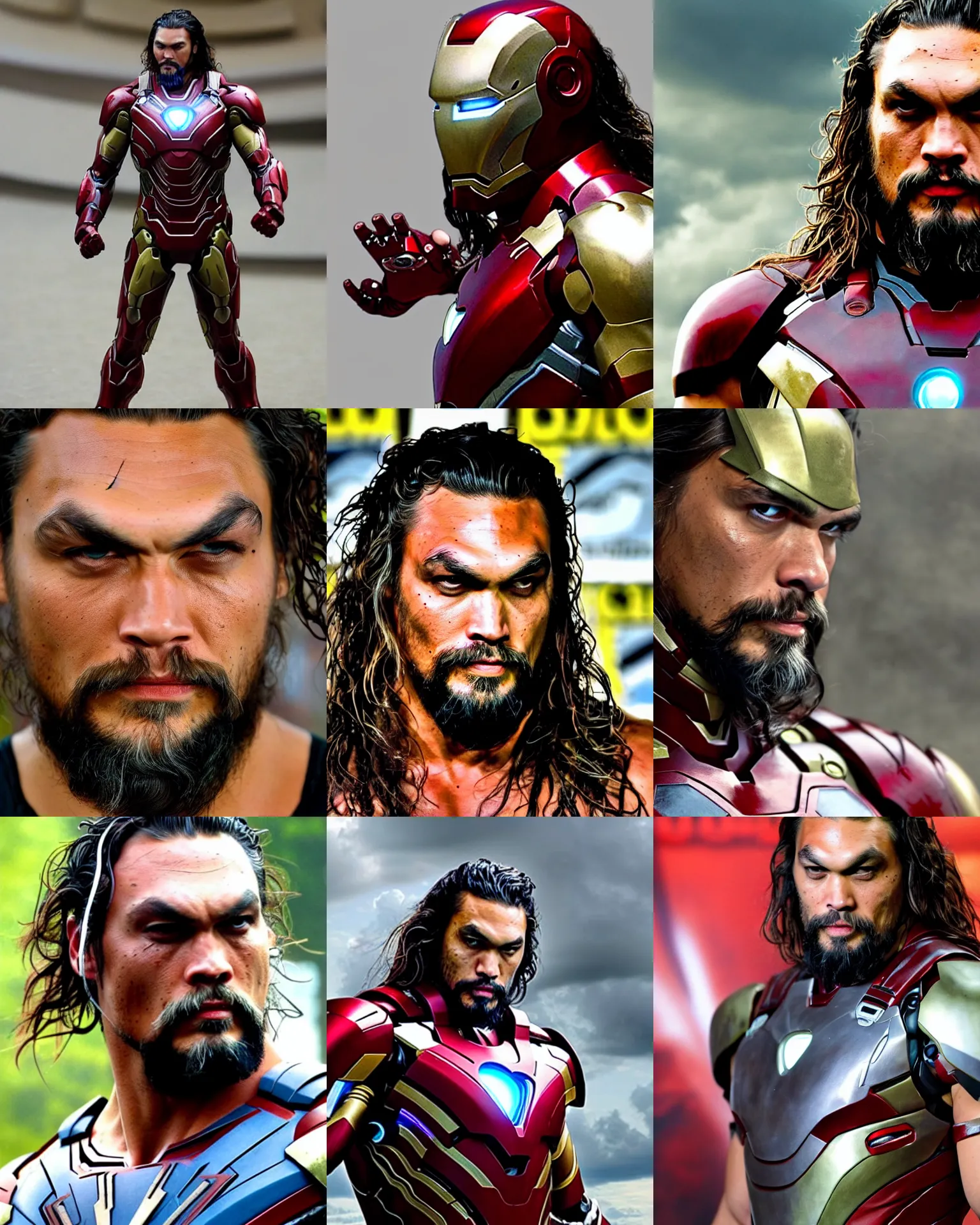 Prompt: jason momoa wearing ironman armor very realistic medium shot close up from the avengers