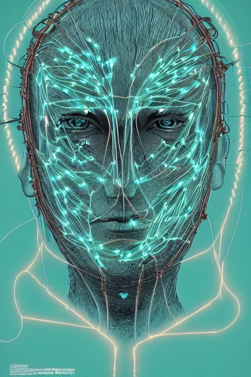 Image similar to organic cyborg head wrapped in barb wire by Jamie Coreth, trending on artstation, centered, symmetrical, cinematic lighting, teal and orange, bilateral symmetry, 80s poster, polished, thick smoke, retro dark vintage sci-fi, 2D matte illustration
