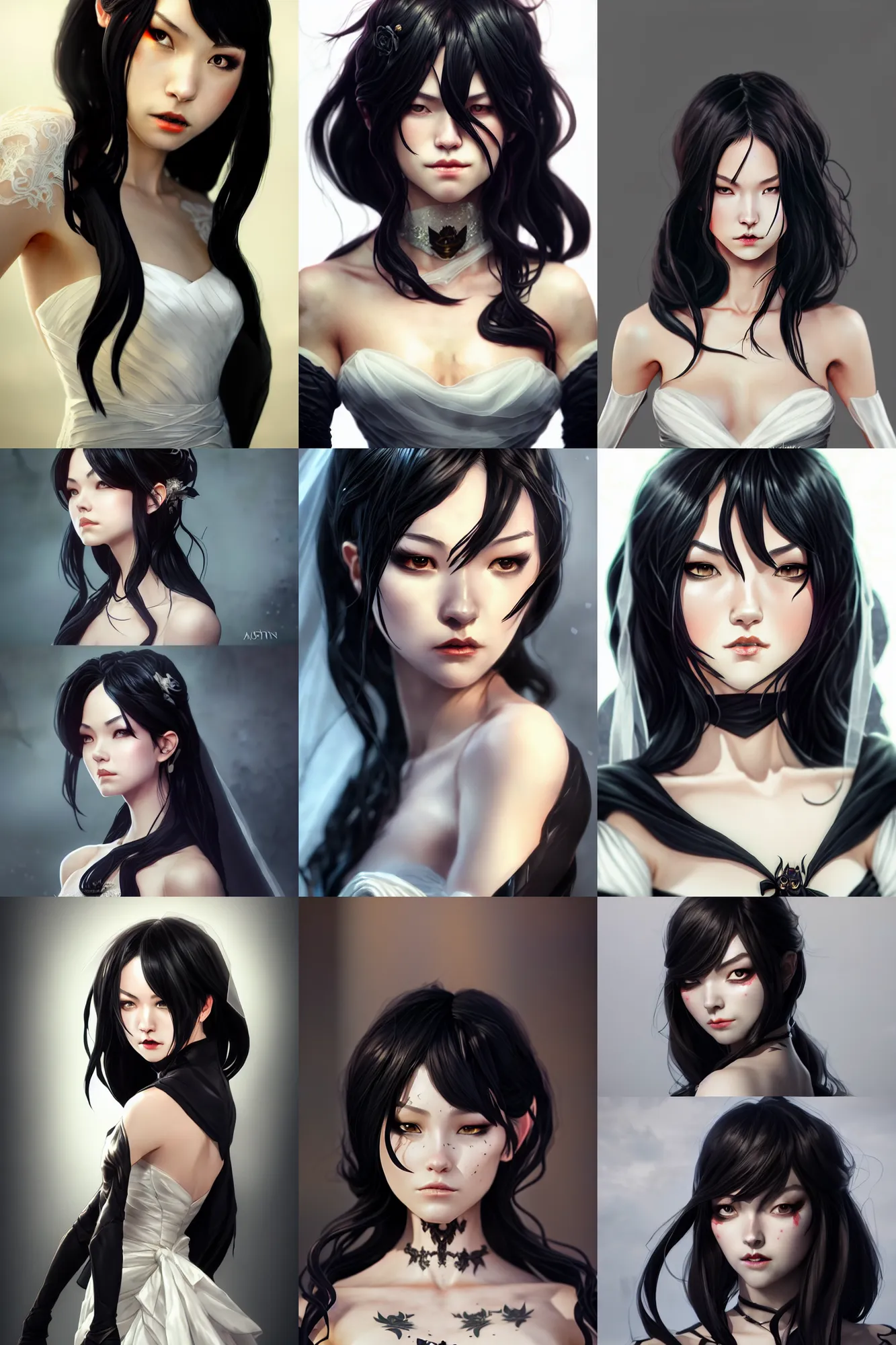 Prompt: cassandra cain in a wedding dress, beautiful face, long black hair, animation, arcane, realistic, character portrait, illustrated by wlop, extremely detailed, 8 k, trending on artstation, cinematic lighting, beautiful body