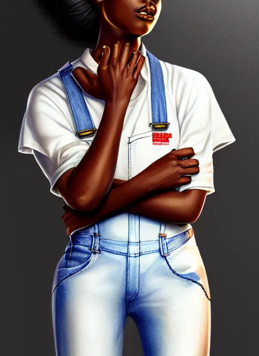 Prompt: full body portrait of young black woman as a firewoman, white t - shirt and denim overalls, intricate, beautiful and elegant, highly detailed, digital painting, artstation, concept art, smooth, sharp focus, illustration, art by wlop, mars ravelo and greg rutkowski