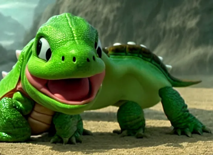 Image similar to film still of yoshi in the new sci - fi movie, cute upright standing upright upright dinosaur standing on its hind legs with a small turtle shell and long tongue, 8 k