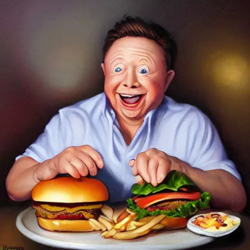 Image similar to portrait of mickey rooney eating giant hamburgers, extra bacon lettuce and tomatoes, an oil painting by ross tran and thomas kincade