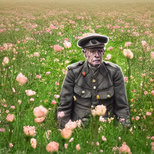 Prompt: A WWI veteran, tired, melancholic, in a field of flowers, photorealistic, detailed, 8K