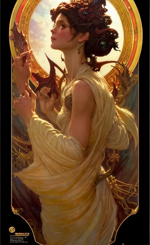 Image similar to magic gold dragon gorgeous lighting by weta studio, mucha, bautista and norman rockwell and greg rutkowski and tom bagshaw and james gurney and lucasfilm