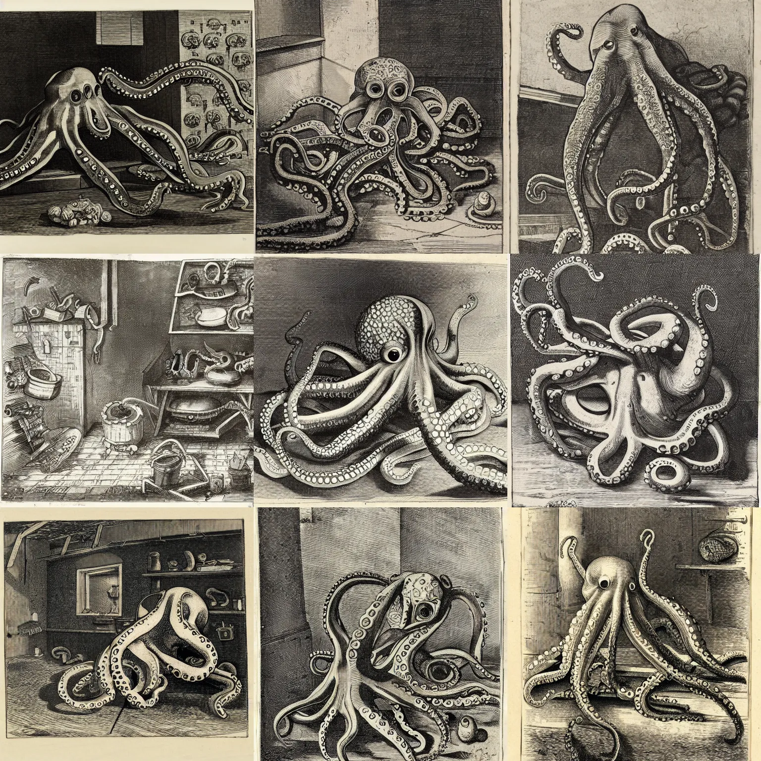 Prompt: an octopus lost in a garage, engraving, ink, 1 7 th century