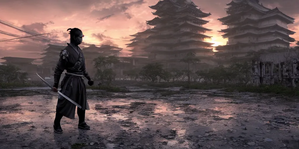 Prompt: samurai silhouette with katana in right hand staying in the abandoned concrete temple, abandoned buildings, empty streetscapes, surrounded by lush green vegetation, ground-level view, puddles of water, stunning volumetric lighting, sunset, trending on Artstation, 8k, photorealistic, hyper detailed, unreal engine 5, cinematic, epic lighting, cryengine, octane render, cyberpunk, red and orange glow, dark, gloomy