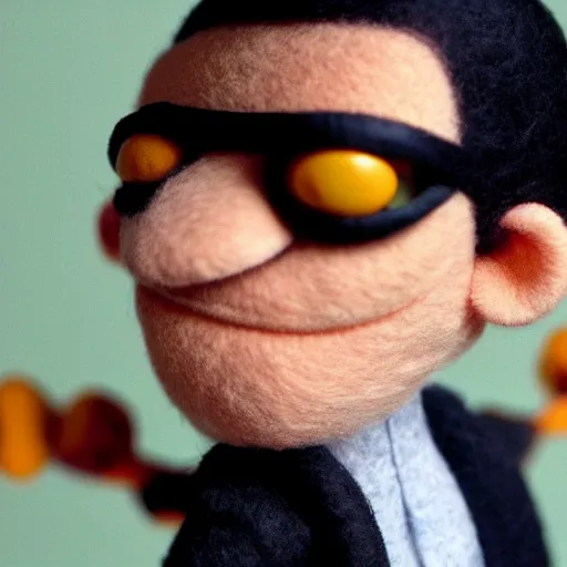 Image similar to neo from the matrix as a muppet. highly detailed felt. hyper real photo. 4 k.