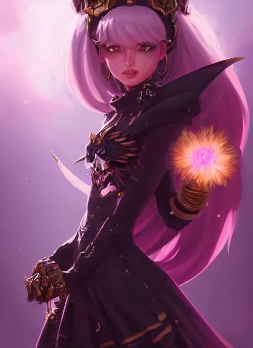 Image similar to beautiful and cool female dark magician, wide angle view, flowers, skulls, black, white, pink, gold colors, shiny, highly detailed, artgerm, cushart krenz, artstation, soft light, sharp focus, illustration, character design, concept art