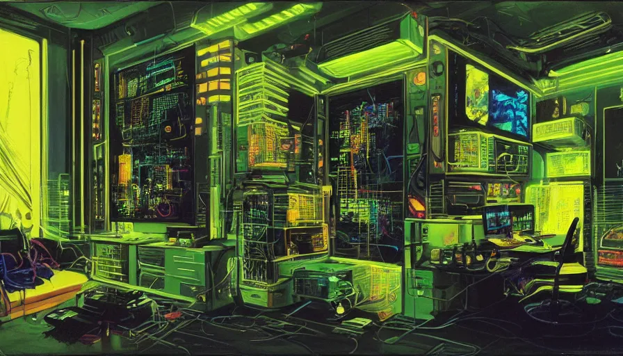 Image similar to A highly detailed rendering of a Cyberpunk hackers bedroom which has sophisticated hi-tech holographic wall boards and screens surrounded by messy cables, soft neon yellow lighting, reflective surfaces, sci-fi concept art, by Syd Mead, by H.R.Giger, highly detailed, oil on canvas