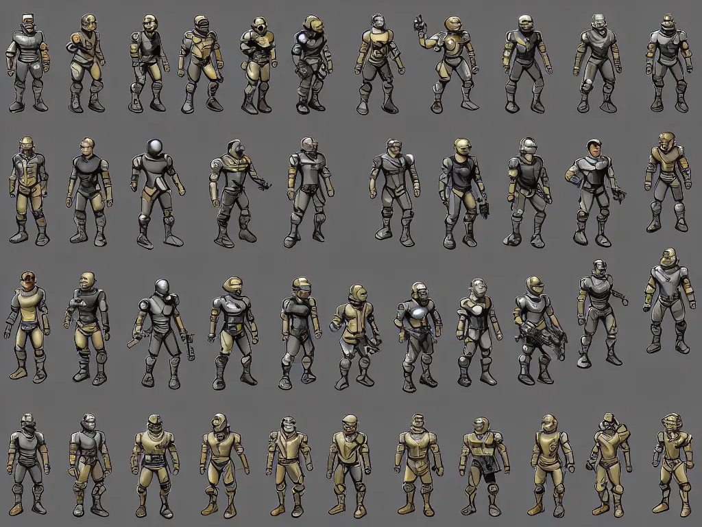 Prompt: isometric sprite sheet of detailed fallout power armor! holding gun, smooth, cell shaded, 8 k, gouache, kitbash, centered, by artgerm, solid background
