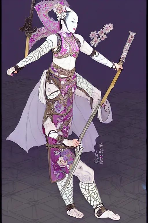 Prompt: female changeling dancer in floral - patterned light armor, wielding a long halberd, wearing a noh theatre mask, barefoot in sandals, capricious, energetic, provocative, realistic proportions, reasonable fantasy, in the style of dnd illustrations, tabletop rpg.