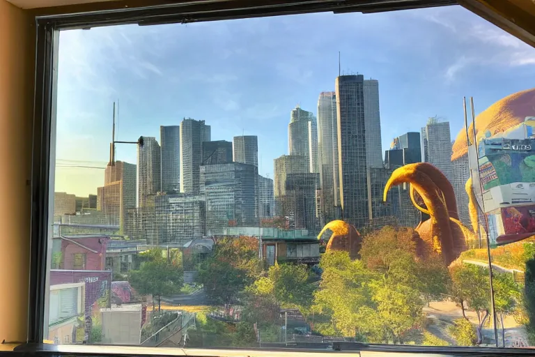 Prompt: a picture of us wasted eating taco bell and looking outside our bay windows and seeing our utopian city being attacked by giant kaiju, attention grabbing, golden hour, award winning