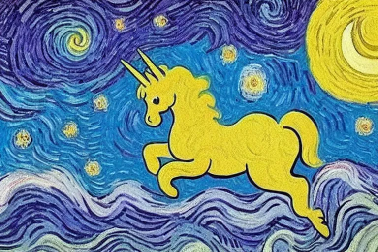 Prompt: rainbow unicorn flying in space by van gogh