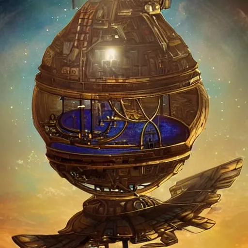 Image similar to flying city in a mechanical egg, sky, steampunk!!!, fantasy art, steampunk, masterpiece, unreal