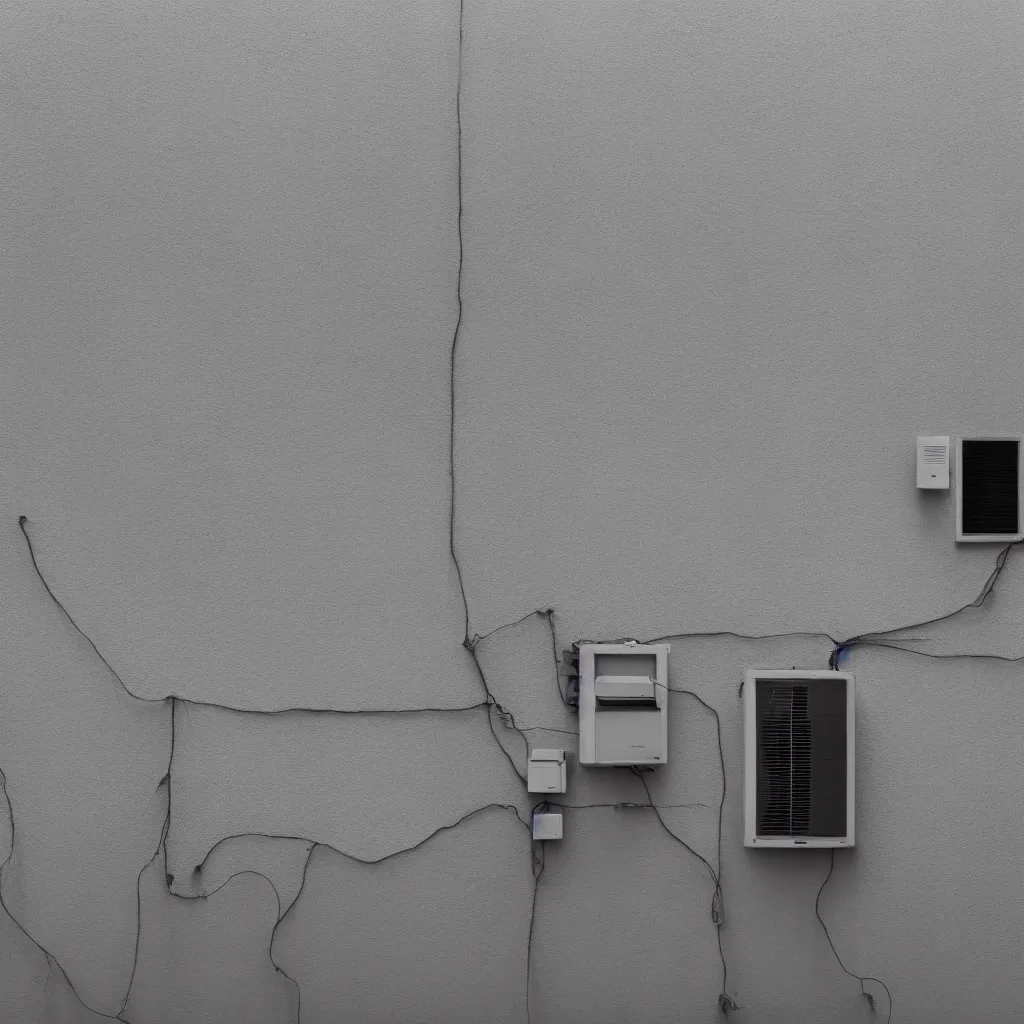 Prompt: close - up seen a profile wall with a moist air conditioner in the room and an air conditioner on the terrace with water spray faded on the wall connected by transparent cables, depth of field, sunny, ultra realistic, very detailed, 8 k hyper realistic detailed cinematic still by nadav kander