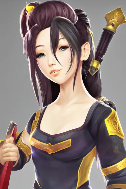 Image similar to a south korean female from video game paladins, white ponytail hair, she is holding kunai, highly detailed digital art, character design, masterpiece