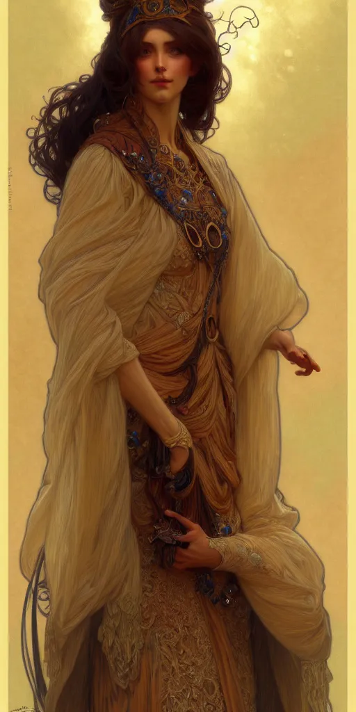 Image similar to character portrait of a modest woman, tall, feminine, powerful, modestly clothed, voluminous, intricate, elegant, highly detailed, digital painting, artstation, smooth, symmetrical, sharp focus, illustration, art by gaston bussiere and alphone mucha