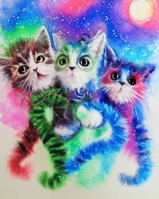 Prompt: cute galactic space kittens playing with yarn, painted in water colors