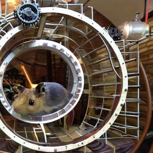 Image similar to a steampunk hamster engineer running inside a hamster wheel that looks like a cog connected to other cogs