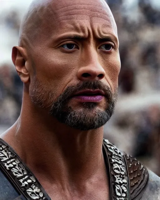 Image similar to Film still close-up shot of Dwayne Johnson as marcus aurelius decimus meridius from the movie Gladiator. Photographic, photography