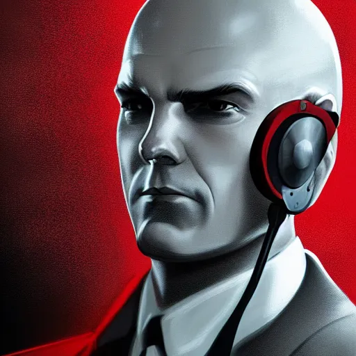 Prompt: a concept art portrait of agent 4 7 from hitman wearing headphones, dark background, red rim light, highly detailed, smooth, sharp focus, art by jason chan