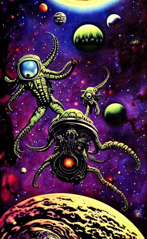 Prompt: trippy psychedelic aliens in space above a planet with a forest by frank frazetta