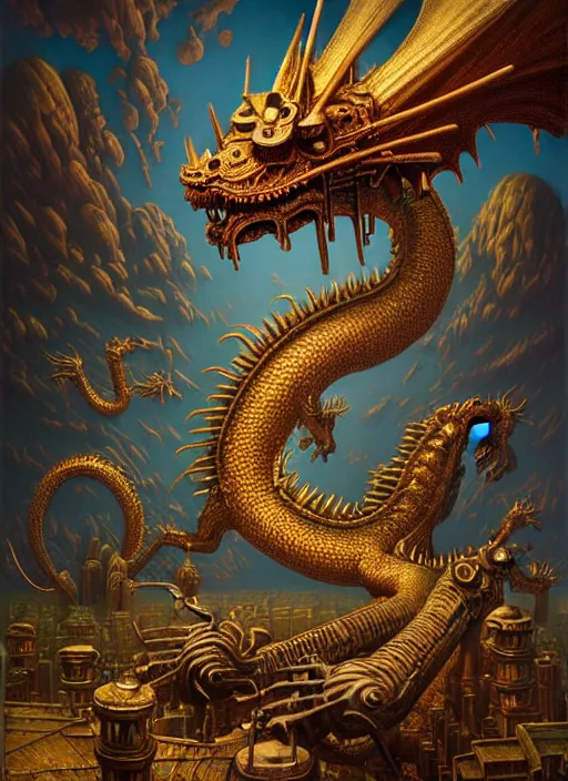 Prompt: hyper detailed 3d render like a Oil painting - a steampunk dragon by Jacek Yerka, Mariusz Lewandowski, Houdini algorithmic generative render, Abstract brush strokes, Masterpiece, Edward Hopper and James Gilleard, Zdzislaw Beksinski, Mark Ryden, Wolfgang Lettl, hints of Yayoi Kasuma, octane render, 8k