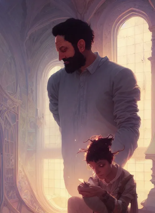 Image similar to highly detailed portrait of issam harris, unreal engine, fantasy art by greg rutkowski, loish, rhads, ferdinand knab, makoto shinkai and lois van baarle, ilya kuvshinov, rossdraws, tom bagshaw, alphonse mucha, global illumination, radiant light, detailed and intricate environment