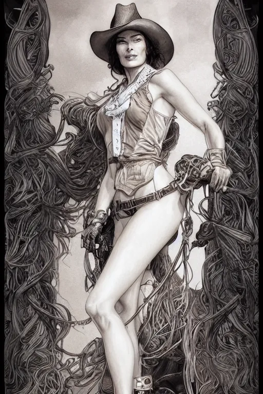 Image similar to stunning cowgirl who looks like lena headey, detailed full body portrait by james gurney and artgerm and Mucha, amazing detail, intricate, stunning inking lines, 4K, character design, concept art