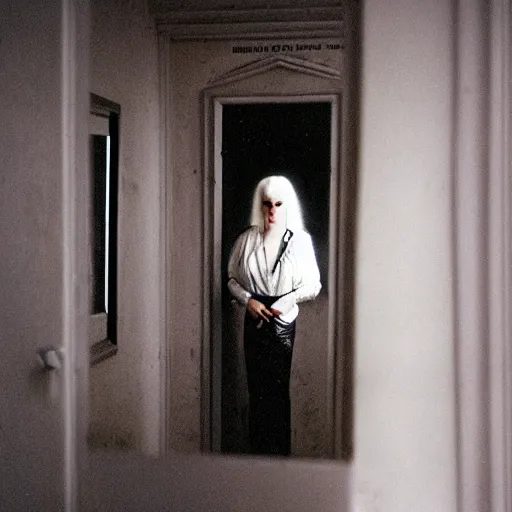 Image similar to a woman with white hair and makeup in a bathroom, an album cover by nan goldin, tumblr, international gothic, goth, antichrist, gothic