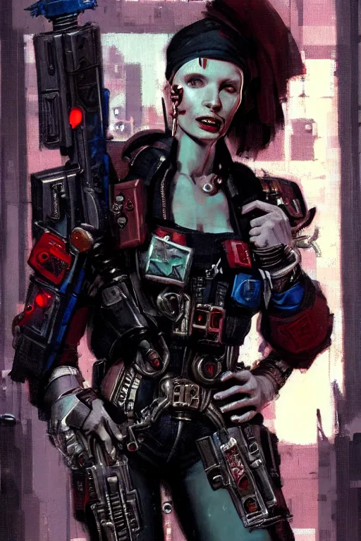 Image similar to full character portrait max mad cyberpunk warhammer 4 0 k, medic sapper not the girl with the pearl earring character design, jeffery catherine jones