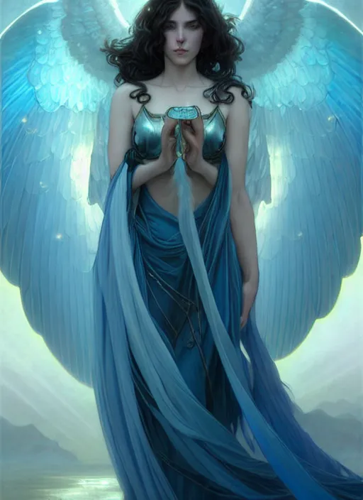 Image similar to a beautiful cinematic female archangel queen, fantasy sea landscape, fantasy magic, short aqua blue black fade hair, dark light night, intricate, elegant, sharp focus, illustration, highly detailed, digital painting, concept art, matte, art by WLOP and Artgerm and Greg Rutkowski and Alphonse Mucha, masterpiece