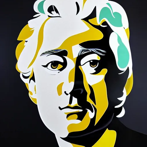 Prompt: Wall mural portrait of Jimmy Page, urban art, pop art, artgerm, by Roy Lichtenstein