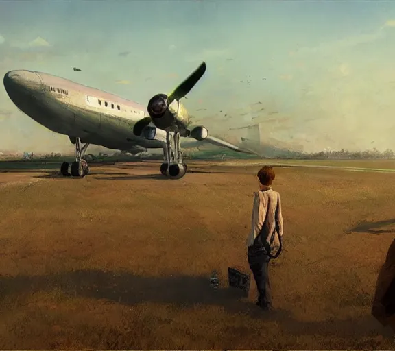 Image similar to people near the plane at the airfield, the view from the drone, portrait, close view, painting by craig mullins, octane rendering, soft morning lighting, wide angle lens, in the style of hayao miyazaki, trending on artstation,