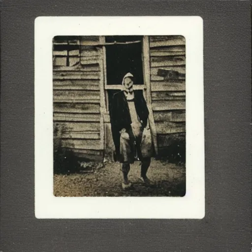 Prompt: polaroid of patchwork cloth man walking by old cabin