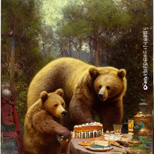 Prompt: polaroid photo of a bear eating cake at his 7 0's birthday at a zoo, highly detailed painting by gaston bussiere, craig mullins, j. c. leyendecker