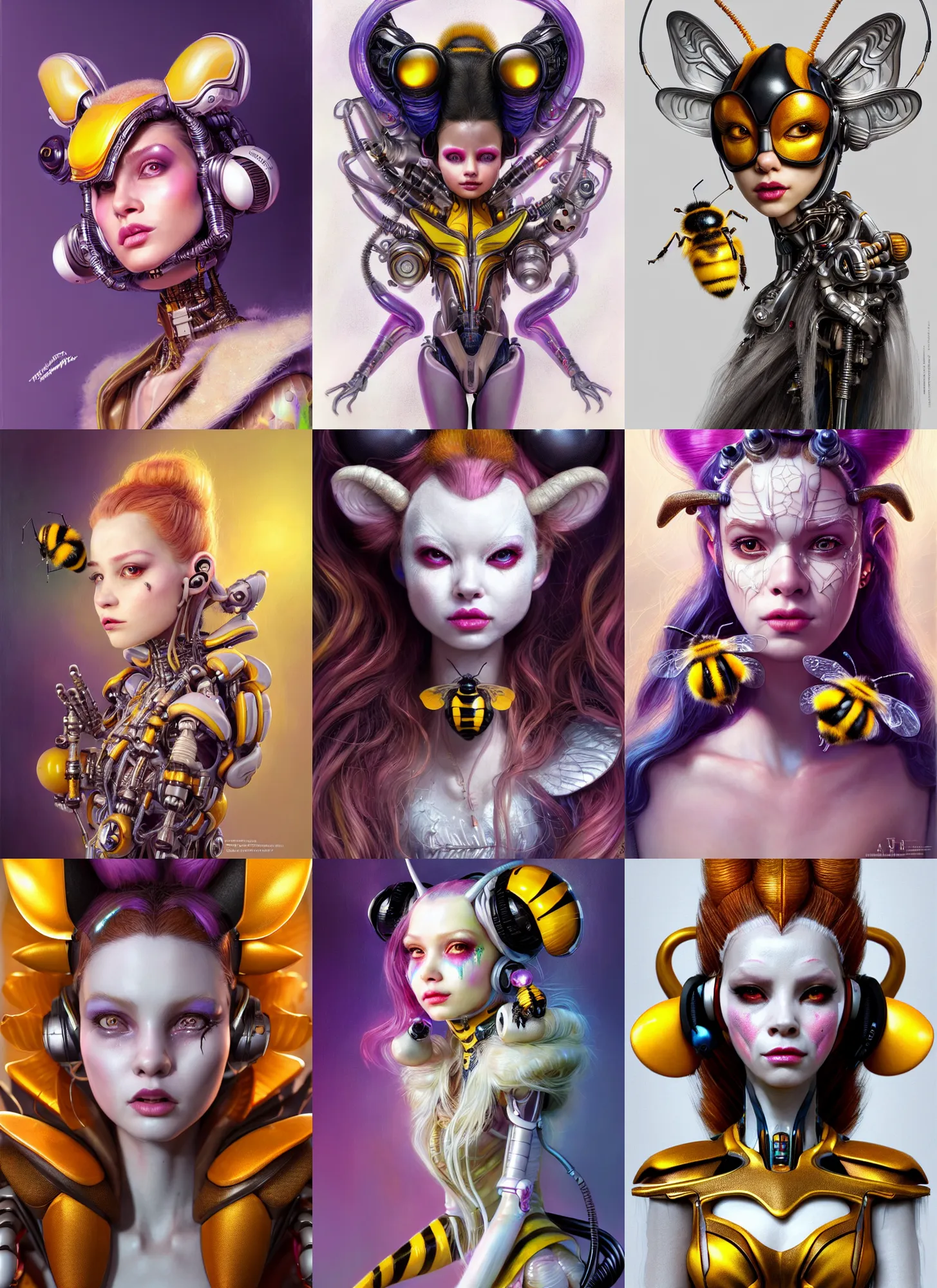 Prompt: disney weta portrait, soft lustrous biotech raver white clowncore bumblebee tube cyborg, earbuds, hi - fructose, sci - fi, fantasy, cyberpunk, intricate, decadent, highly detailed, digital painting, ever after high, octane render, artstation, concept art, smooth, sharp focus, illustration, art by artgerm, wlop, mucha