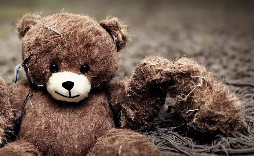 Prompt: laying teddy bear, dirty fur, robotic, sad eyes, opened wound with wires coming out, circuit, electricity, mud, outdoor, dirt, realistic photography