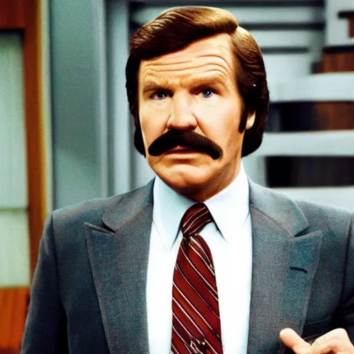 Image similar to a movie still of Alex Trebeck as Ron Burgundy in a new movie Anchorman 3