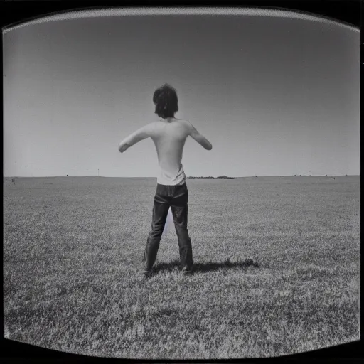 Prompt: polaroid photo of an empty field with a figure with long limbs standing in the far distance