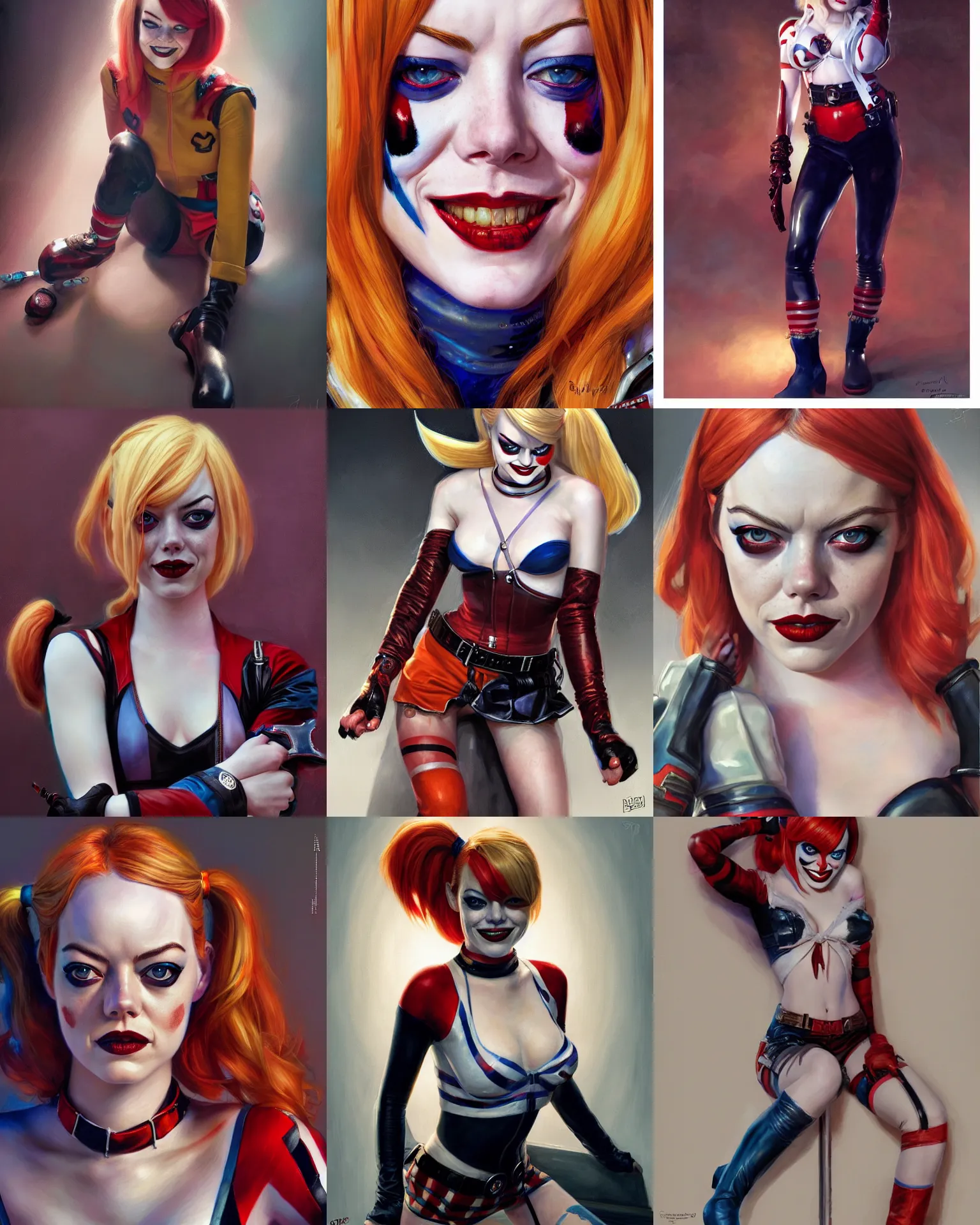 Prompt: emma stone as harley quinn wearing boots | cinematic lighting | award - winning | closeup portrait | by donato giancola and mandy jurgens and charlie bowater | featured on artstation