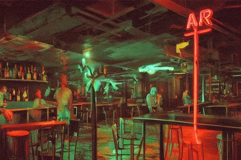 Prompt: scene from louisiana swamps, bar, neon cross, voodoo, artwork by tim eitel