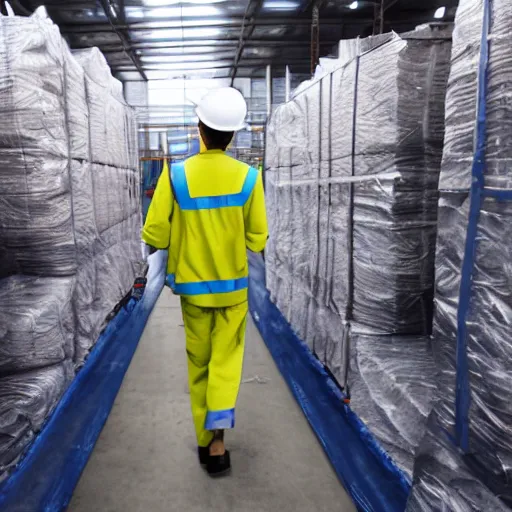 Image similar to a polaroid photo of man walking lazada logistics warehouse, he's wearing blue cloth and construction hat,, photo from behind, highly details, perfect face shape, cinematic lighting,