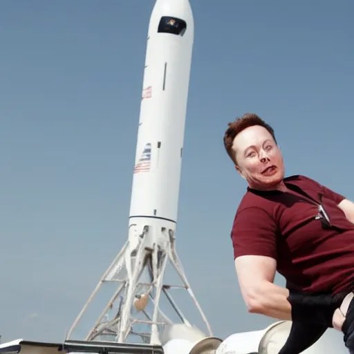 Image similar to Elon musk!! sitting on a spacerocket!, Mr Strangelove, Action shot