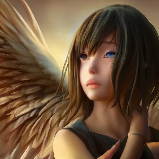 Image similar to an oil painting of an anime girl with angel wings, hd, hdr, ue 5, ue 6, unreal engine 5, cinematic 4 k wallpaper, 8 k, ultra detailed, high resolution, artstation, award winning