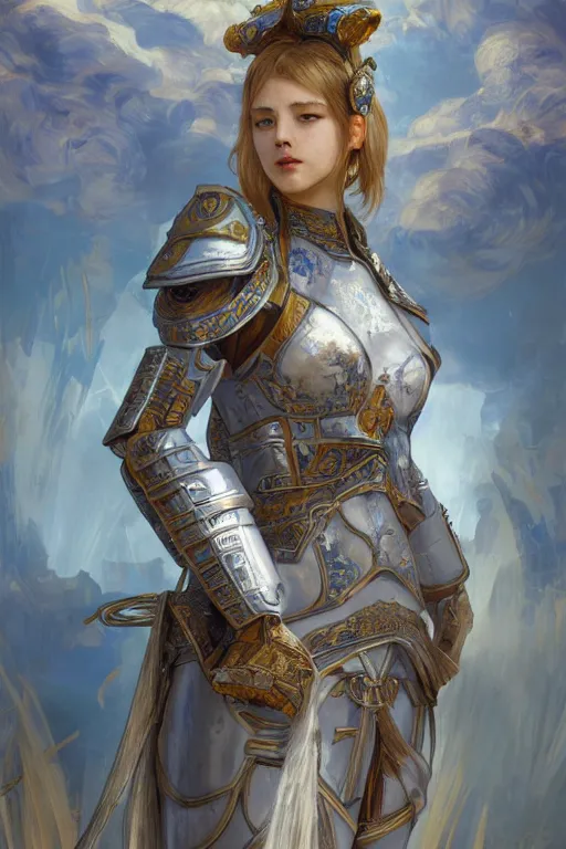 Image similar to portrait knights of Zodiac girl, Chinese Blue and white porcelain color reflected armor, in ruined Agora of Athens, ssci-fi, fantasy, intricate, very very beautiful, elegant, golden light, highly detailed, digital painting, artstation, concept art, smooth, sharp focus, illustration, art by tian zi and WLOP and alphonse mucha