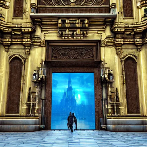 Image similar to carved futuristic door at the end of ornate steps shows a large window to a city detailing the vast architectural scientific ancient and cultural acheivements of humankind, magical atmosphere, renato muccillo, andreas rocha, johanna rupprecht, beardsley, octane render, cinematic blue and gold