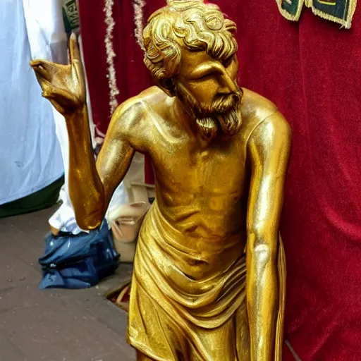 Prompt: a golden statue of a beggar extending his hand, realistic, detailed