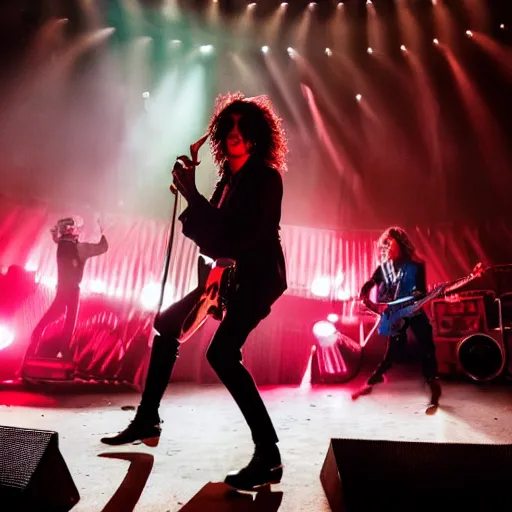 Prompt: maneskin playing at colosseum in rome, dark, crowd, 4 k